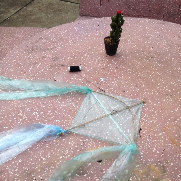 Kite made by the neighbours- plastic bags, skewers and cotton reel.